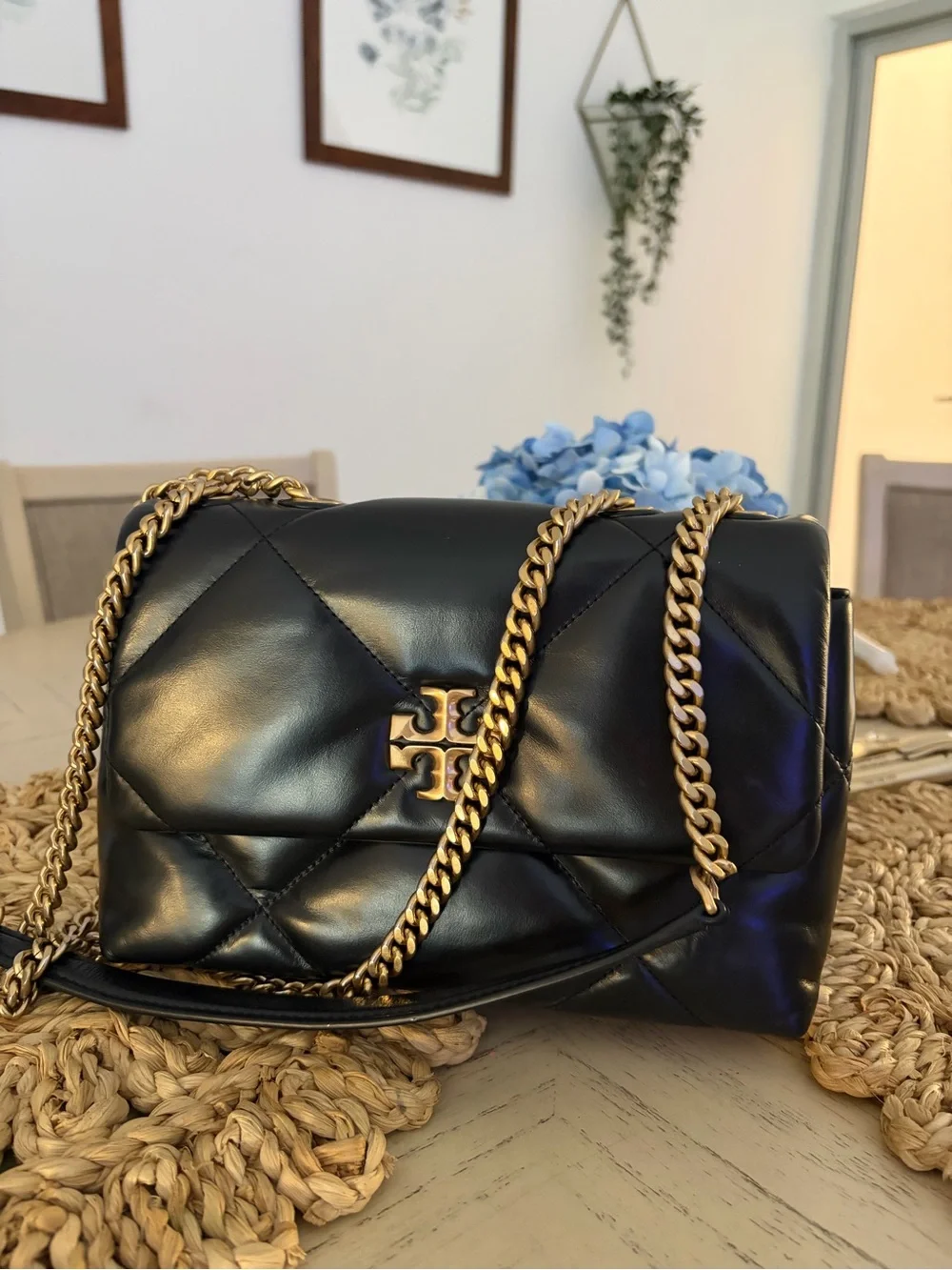 Tory Burch Black Quilted Leather Shoulder Bag with Gold Chain